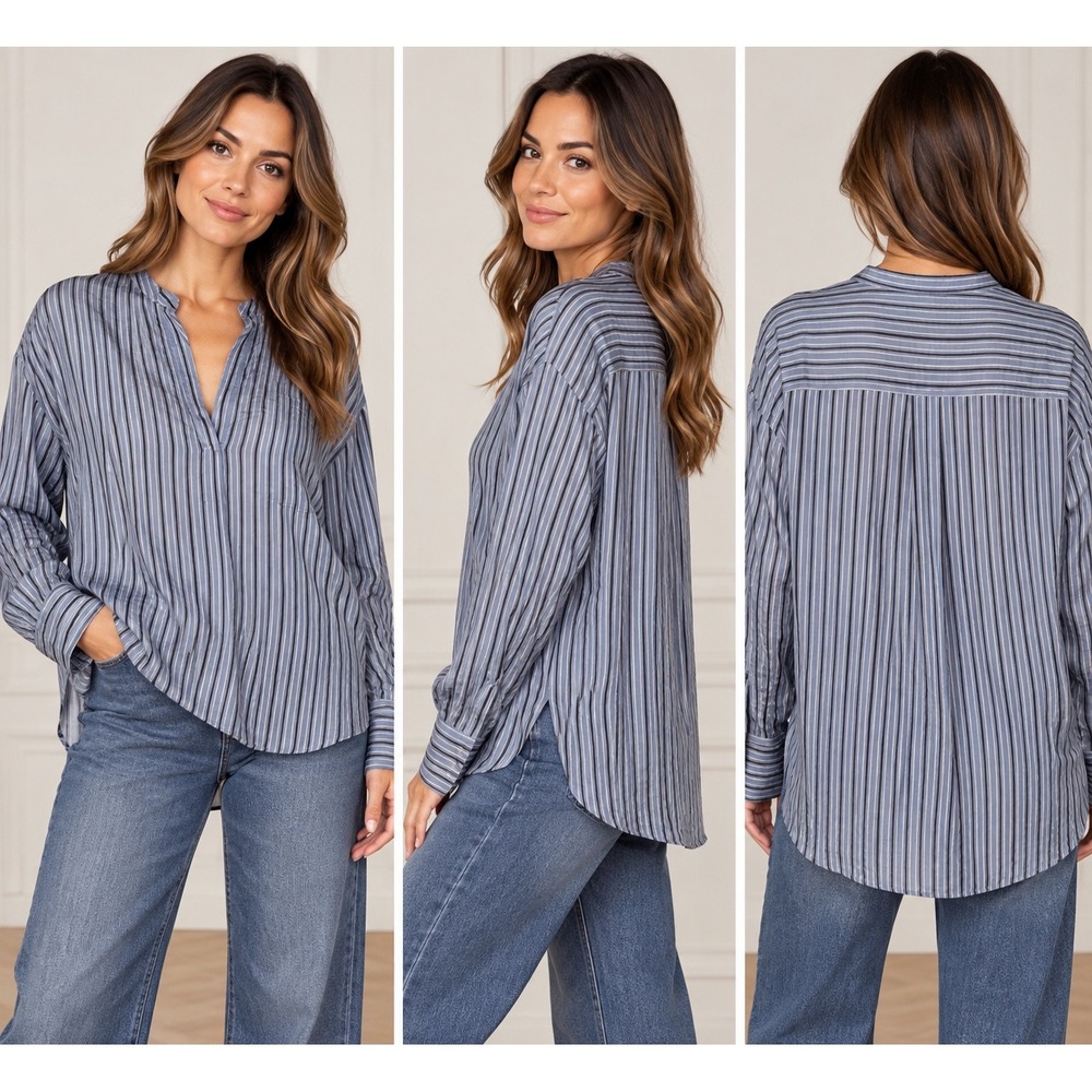 Vince Womens M Striped 100% Silk Tunic Blouse Blue Black NWT $345 V372911605